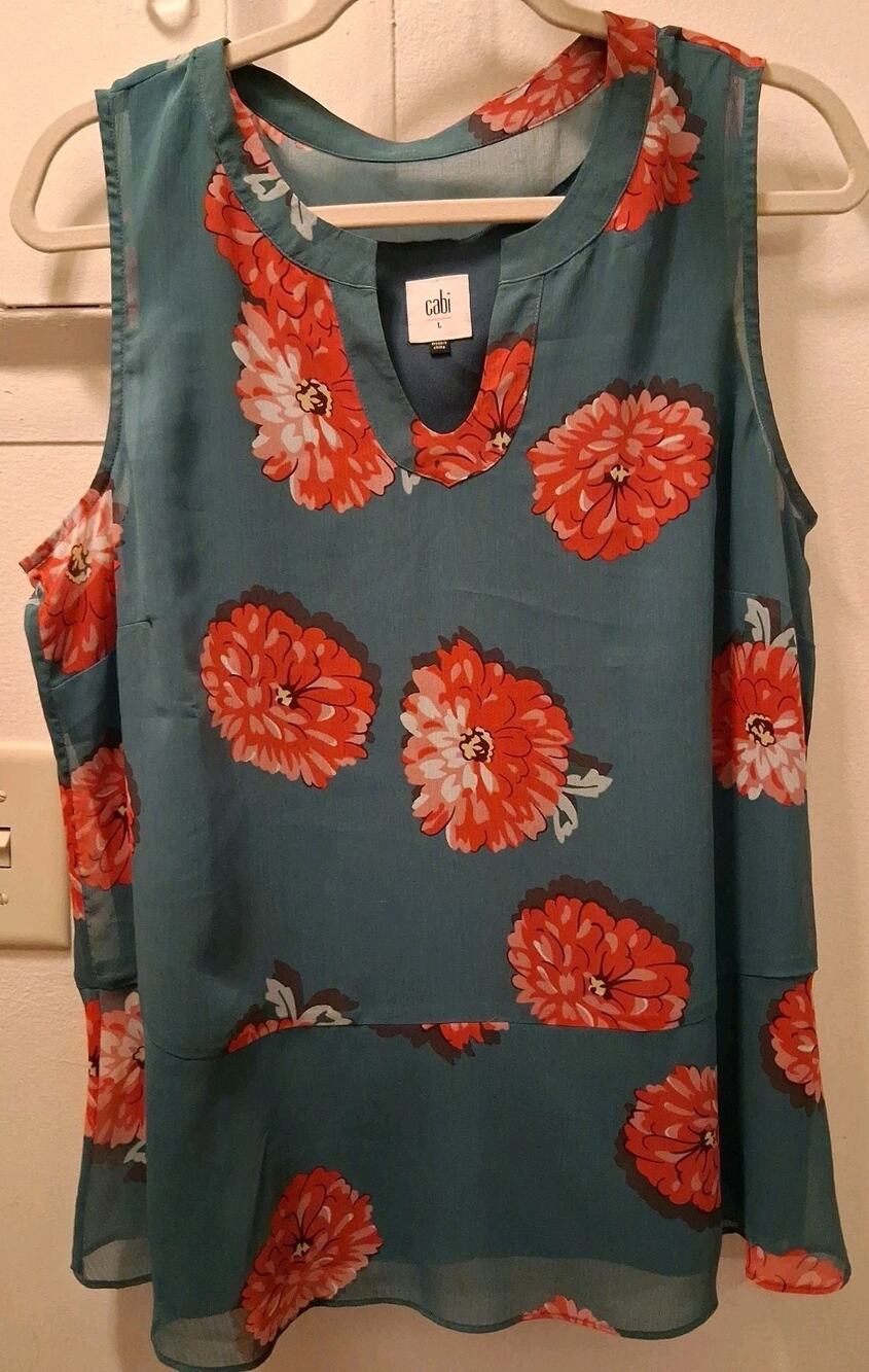 Cabi Blushing Floral Blouse Women's Size Large Sleeveless Teal Tank Chiffon
